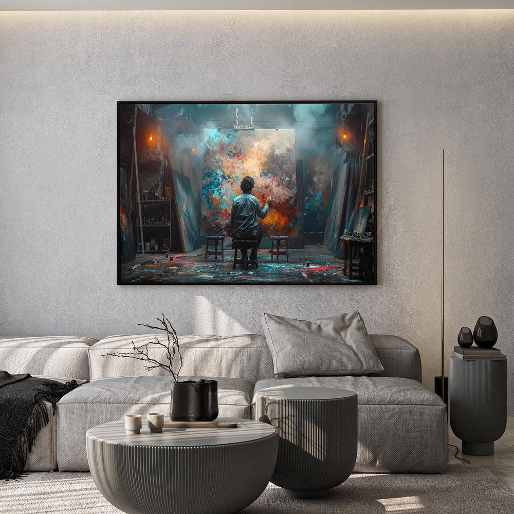 Wadi Home artist studio canvas print featuring a painter in a vibrant studio, displayed above a modern grey sofa.