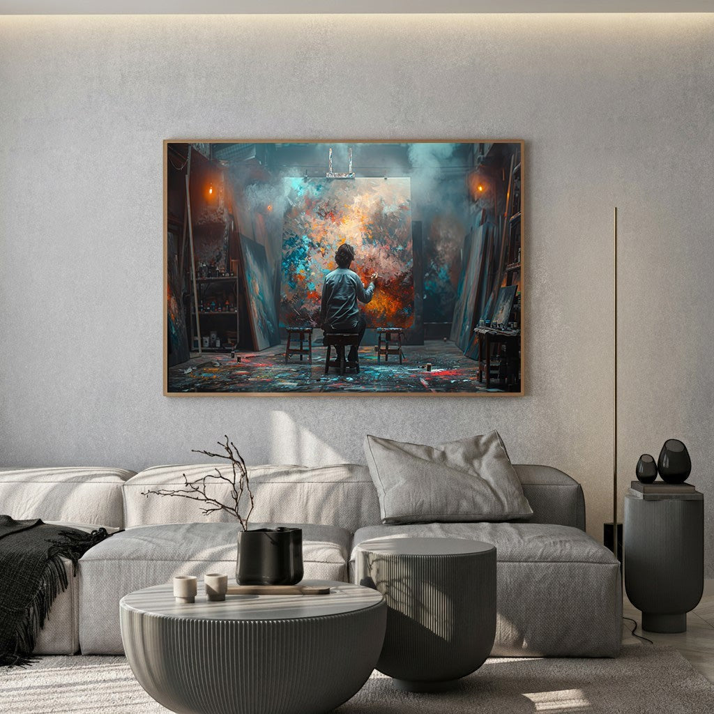Wadi Home artist studio canvas print featuring a painter in a vibrant, moody studio, displayed in a modern living room.