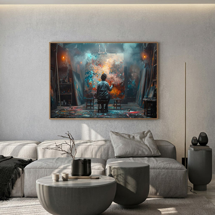 Wadi Home artist studio canvas print featuring a painter in a vibrant, moody studio, displayed in a modern living room.