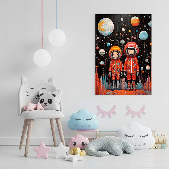 Wadi Home artwork featuring two astronauts in orange suits exploring a galaxy with planets and stars. Ideal for kids' rooms.