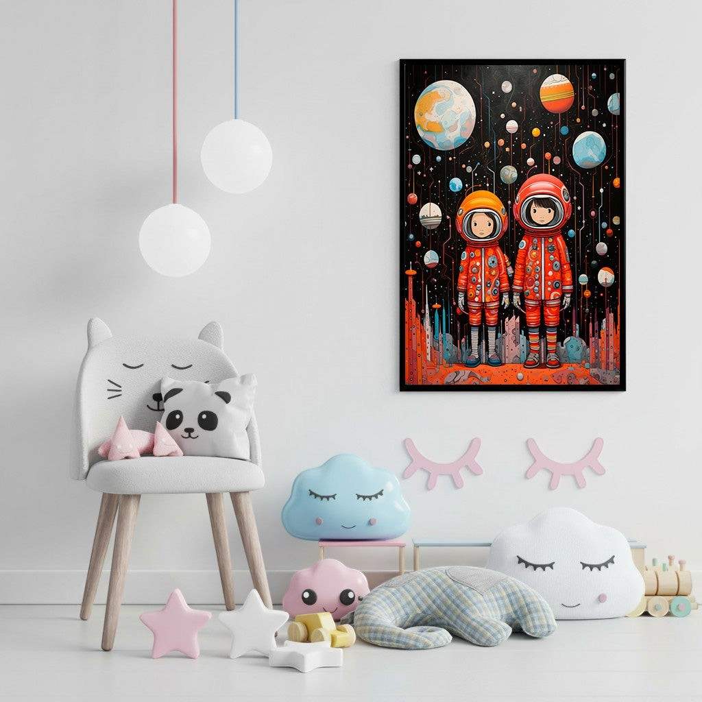 Wadi Home artwork featuring two astronauts in orange suits exploring a galaxy with planets and stars. Black background.