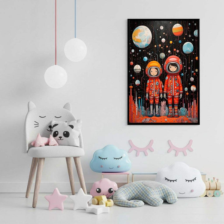 Wadi Home artwork featuring two astronauts in orange suits exploring a galaxy with planets and stars. Black background.