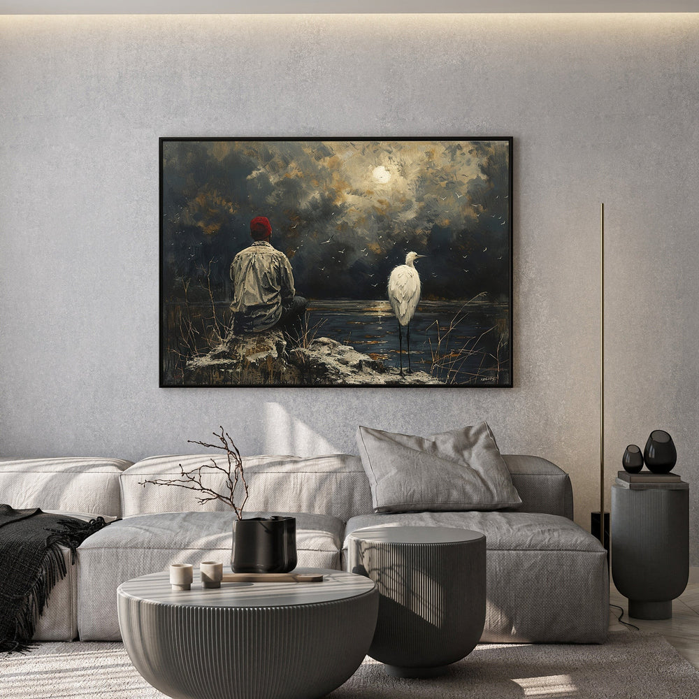 Wadi Home atmospheric landscape wall art print featuring a figure and heron by a moonlit lake in a modern living room.