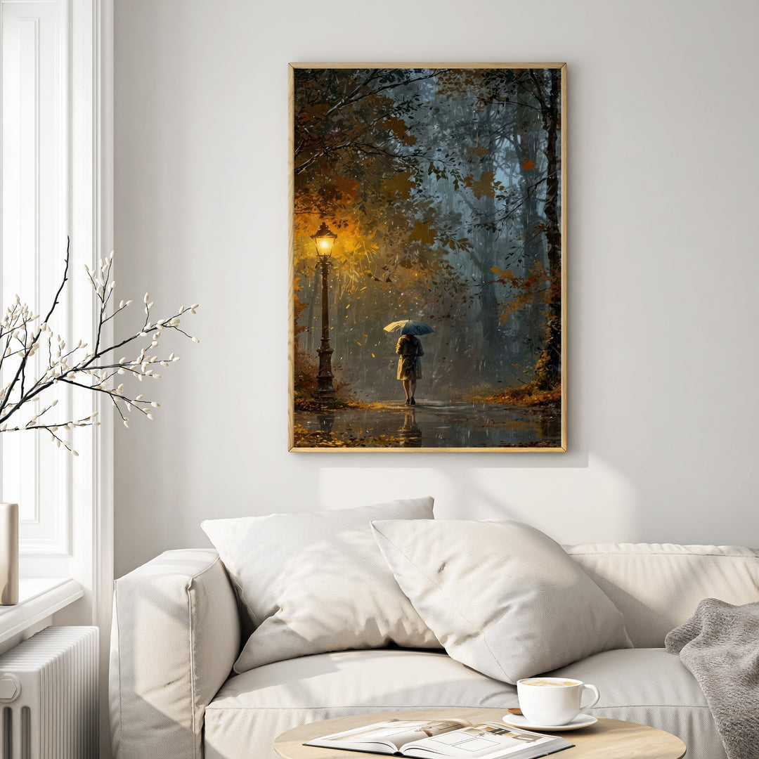 Wadi Home wall art: Autumn rain walk under lamplight, solitary figure with umbrella on wet path, fall foliage, cozy ambiance.