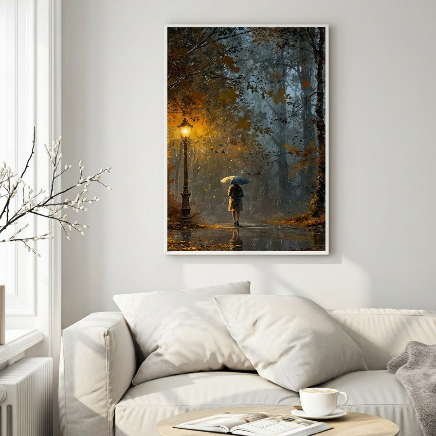 Wadi Home wall art: Autumn rain walk under lamplight, solitary figure with umbrella on wet path, fall foliage, cozy ambiance.