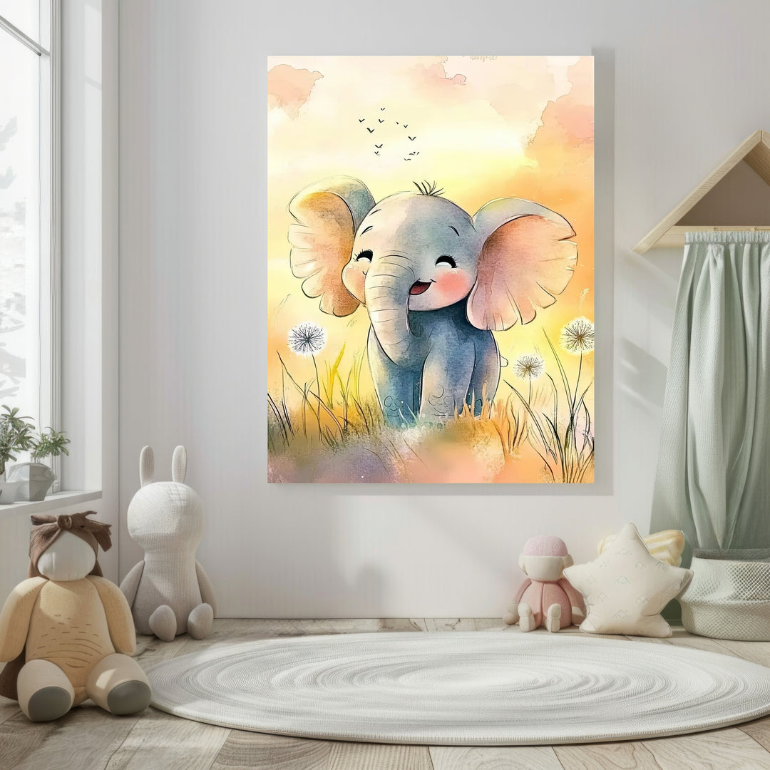 Wadi Home watercolor art print of a happy baby elephant in a field of dandelions with soft yellow and orange sky.
