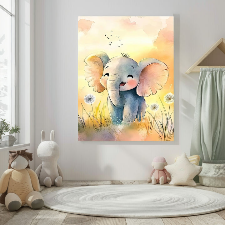 Wadi Home watercolor art print of a happy baby elephant in a field of dandelions with soft yellow and orange sky.