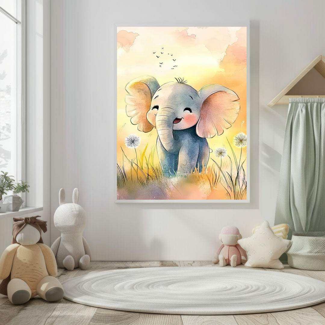 Wadi Home watercolor art print of a cute baby elephant in a field of dandelions with a warm, sunny sky.