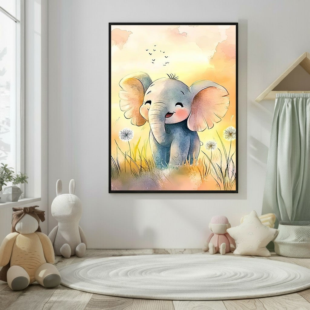 Wadi Home watercolor art print of a cute baby elephant with big ears in a field of dandelions and grass, with a warm yellow and orange sky.