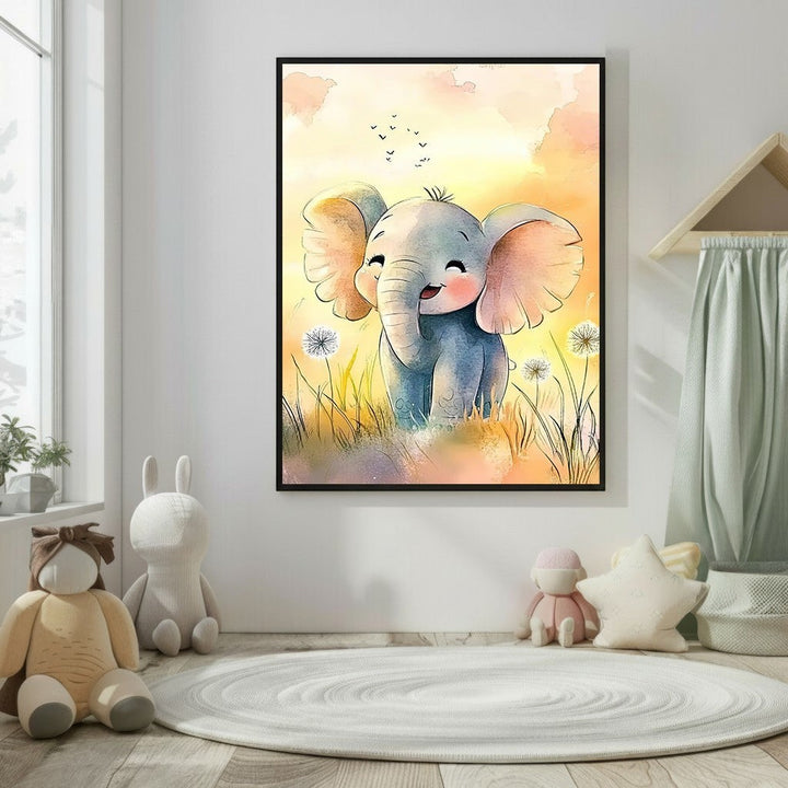 Wadi Home watercolor art print of a cute baby elephant with big ears in a field of dandelions and grass, with a warm yellow and orange sky.