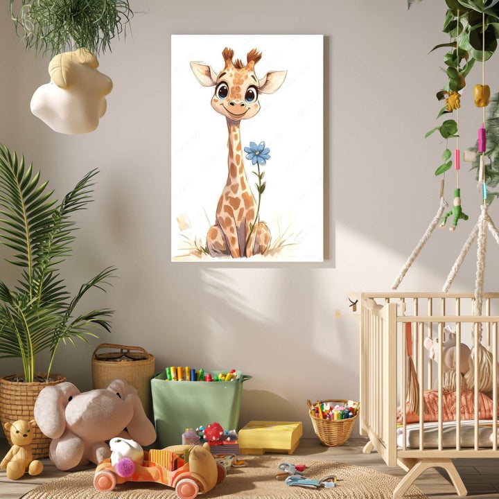 Wadi Home cute baby giraffe with blue flower watercolor art for nursery.