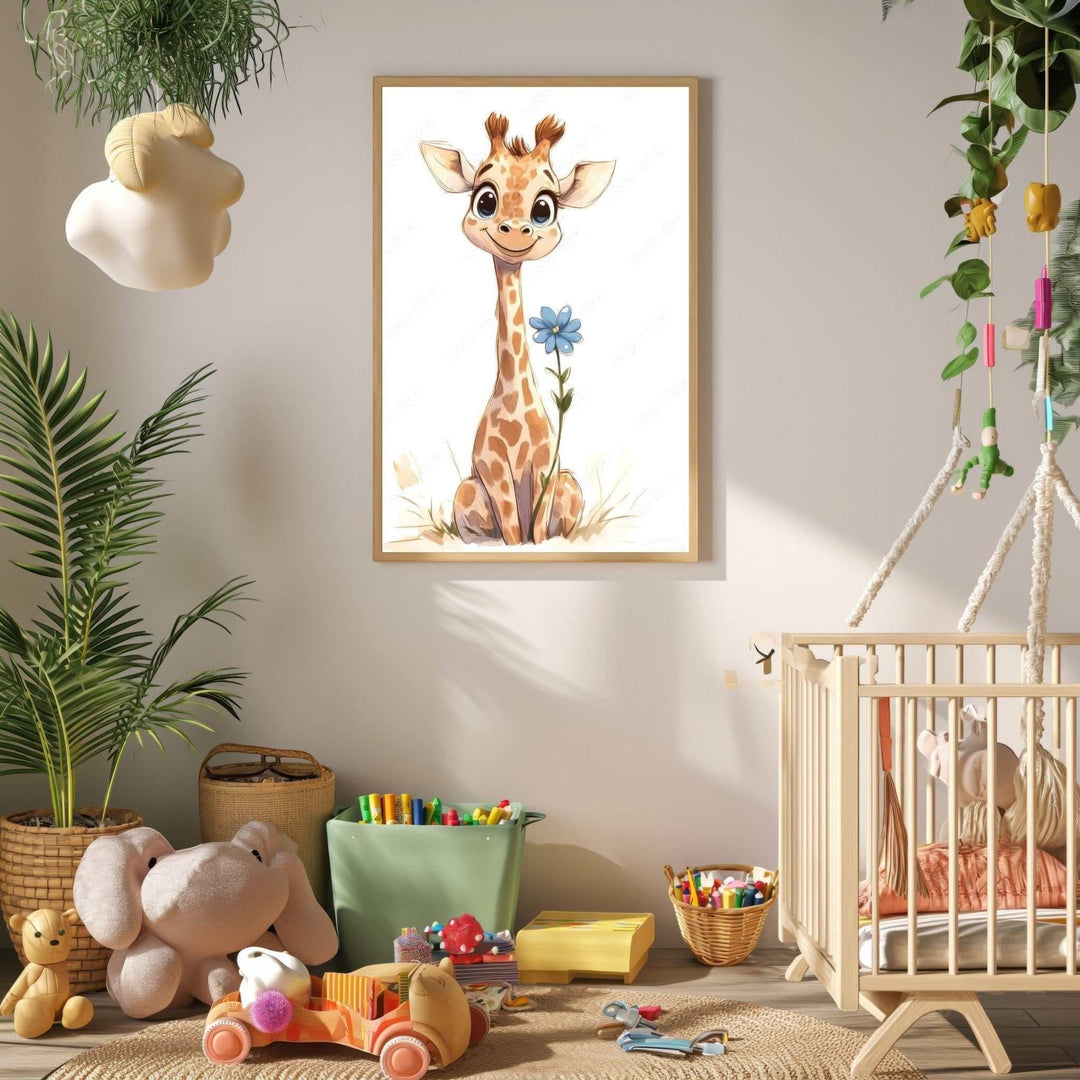 Wadi Home framed watercolor art of a cute baby giraffe sitting with a blue flower, perfect for a nursery.
