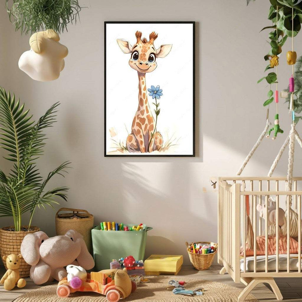 Wadi Home framed watercolor art of a cute baby giraffe sitting with a blue flower in a nursery.