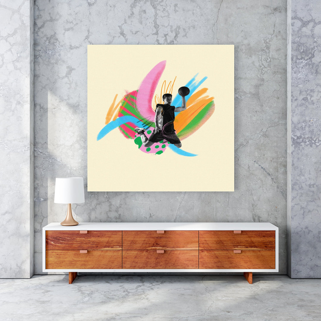 Wadi Home dynamic basketball player artwork with vibrant abstract brushstrokes in pink, blue, green, and orange.