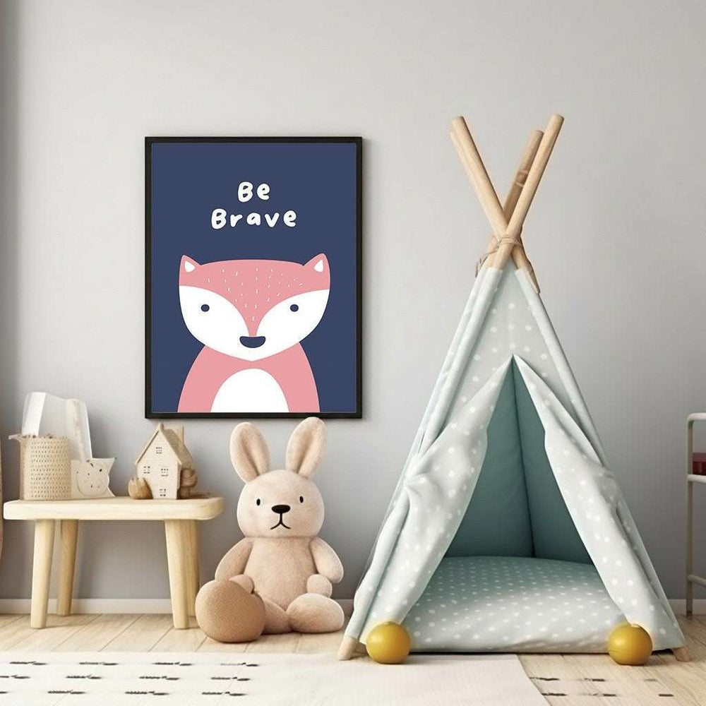 Wadi Home Be Brave fox nursery art with pink and white details on navy background.