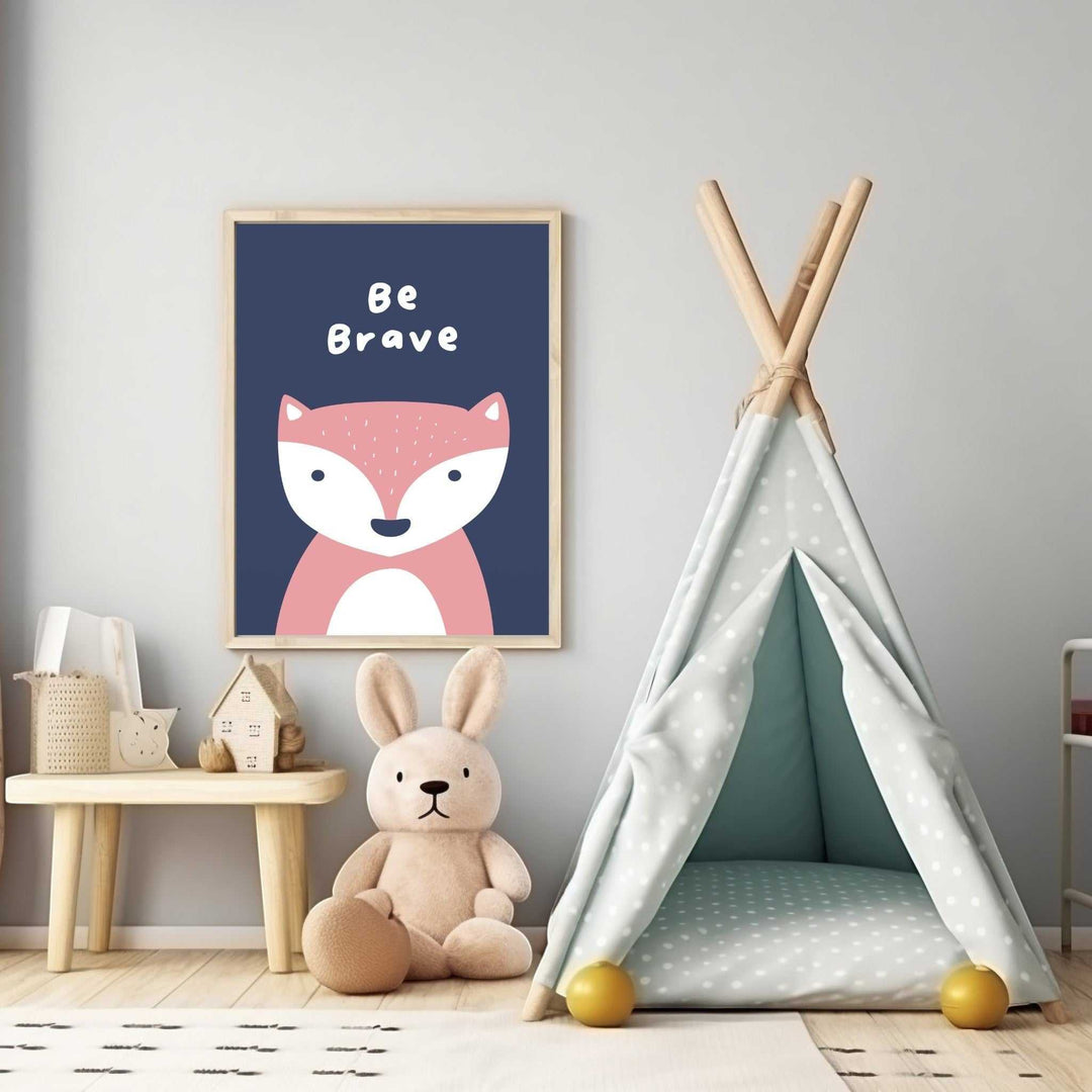 Wadi Home Be Brave fox nursery art print with pink fox on navy background. Motivational wall art for kids' rooms.