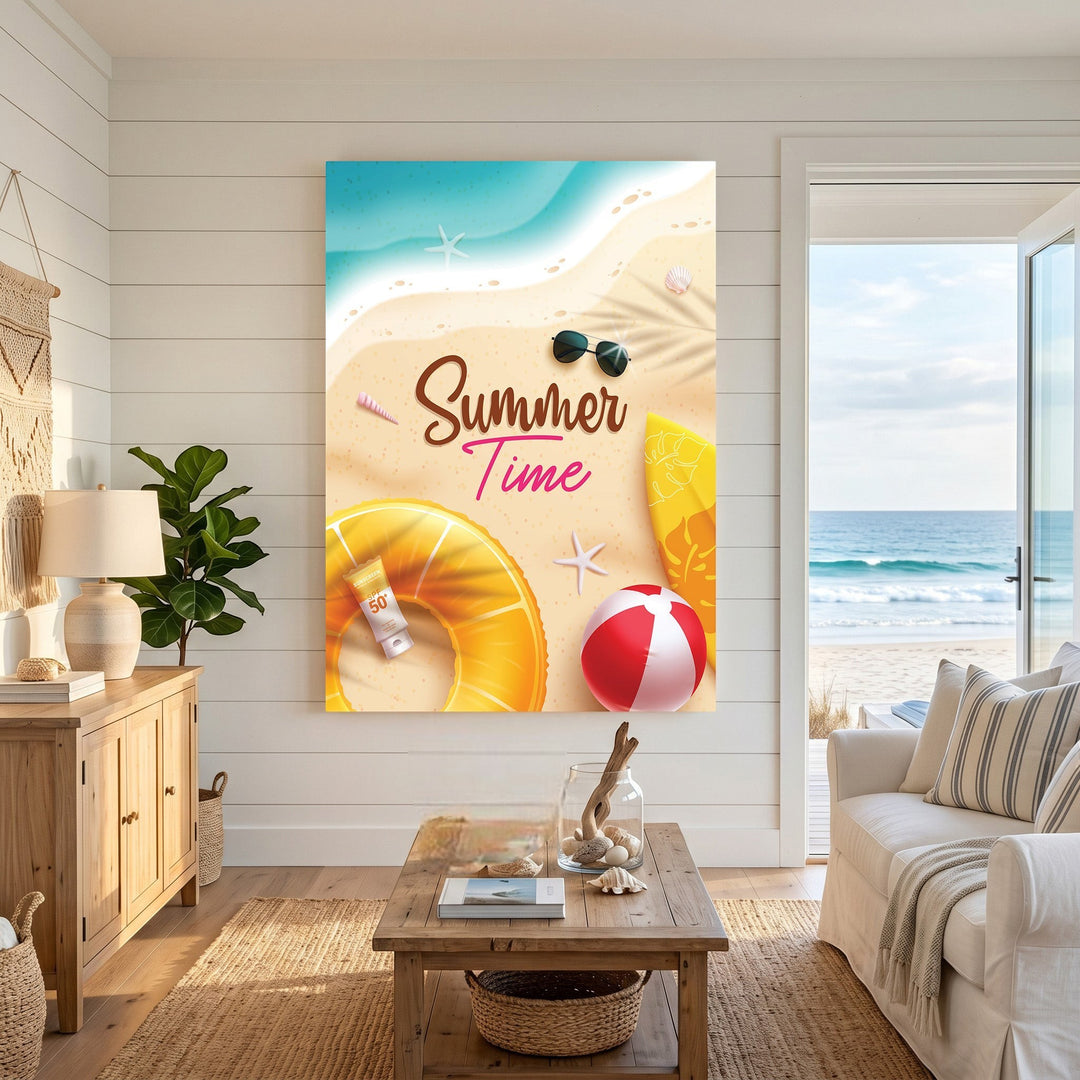 Wadi Home beach themed wall art print featuring a yellow floatie, beach ball, and sand in a coastal living room.