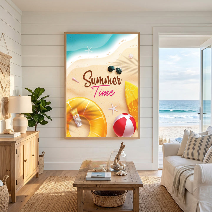Wadi Home beach themed wall art print featuring a yellow floatie, beach ball, and sand in a coastal living room.