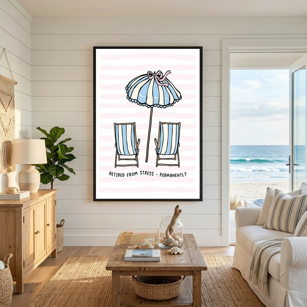 Wadi Home beach themed wall art print featuring striped chairs and umbrella on a pink background in a coastal room.