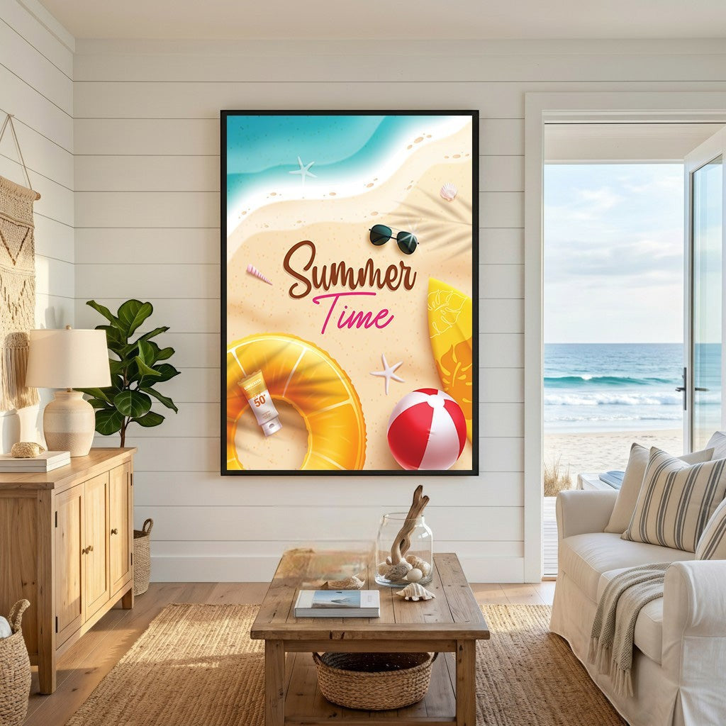Wadi Home beach themed wall art print featuring a yellow floatie, beach ball, and ocean shore in a coastal living room
