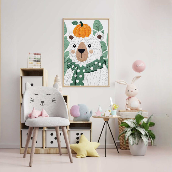 Wadi Home framed wall art of a cute white bear wearing a green polka dot scarf and an orange pumpkin hat, surrounded by green leaves.