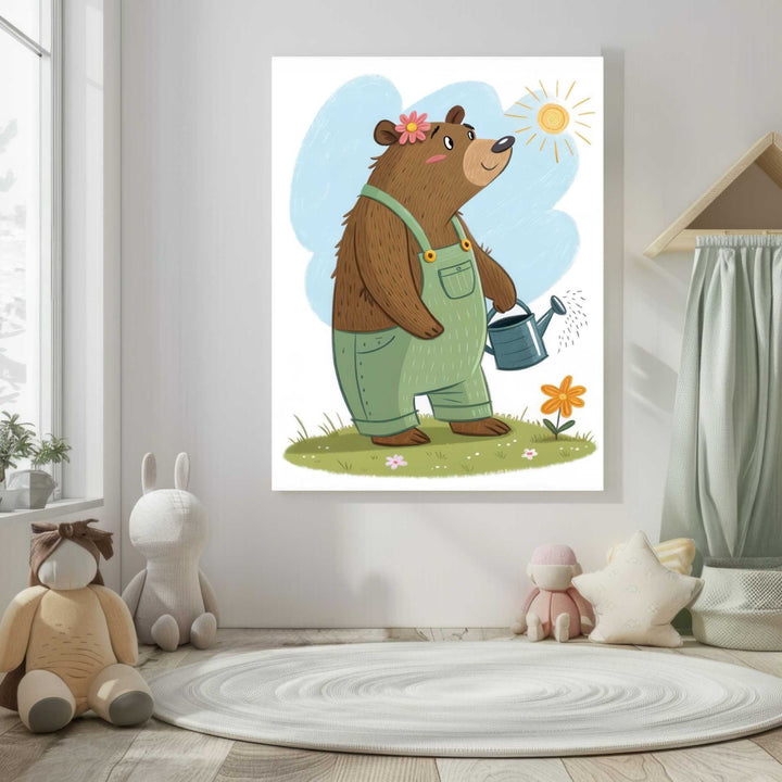 Wadi Home framed canvas print of a cartoon bear wearing green overalls and a pink flower in its hair, watering a flower with a watering can.