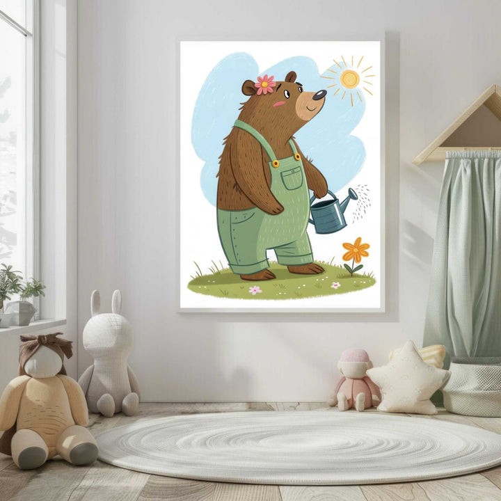 Wadi Home bear watering flowers nursery art print with a brown bear in green overalls holding a watering can.