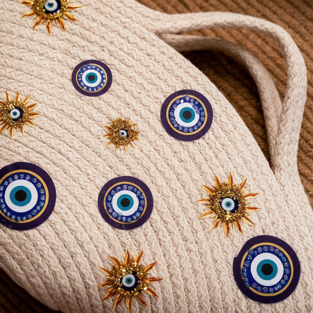 Wadi Home beige rope tote handbag featuring evil-eye motifs and gold sun-inspired embellishments
