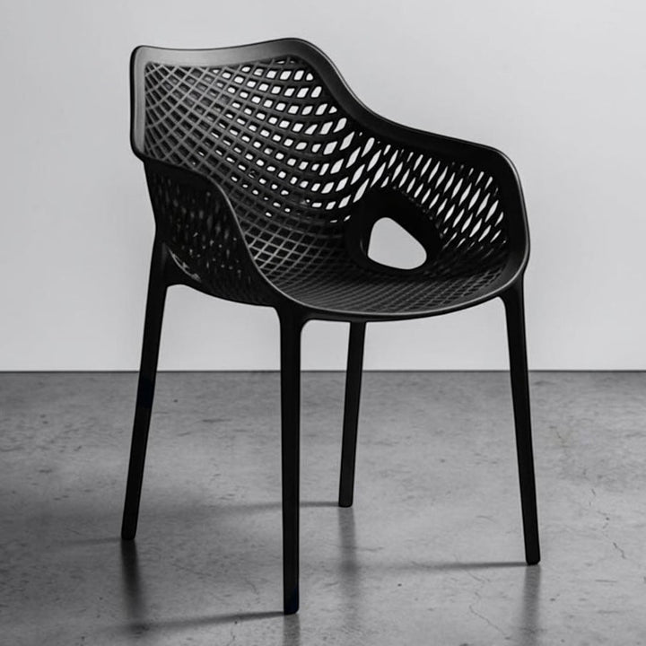Wadi Home modern black armchair with an intricate lattice pattern and ergonomic armrests for indoor or outdoor use.