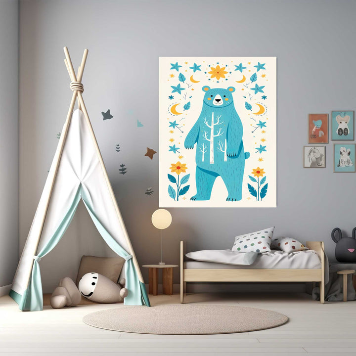 Wadi Home whimsical blue bear surrounded by stars, moons, and flowers nursery art. Folk art style, vibrant colors.