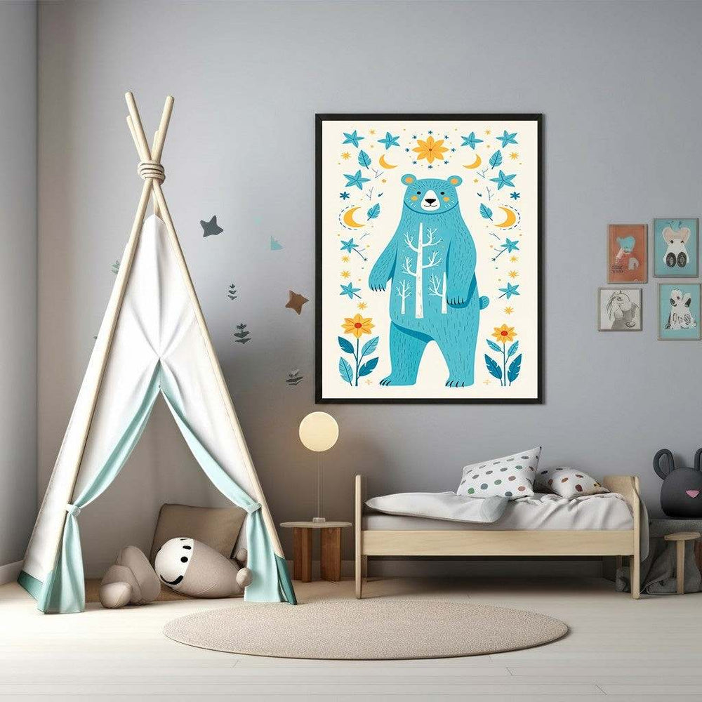 Wadi Home blue bear and floral nursery art with stars and moons, folk art style.