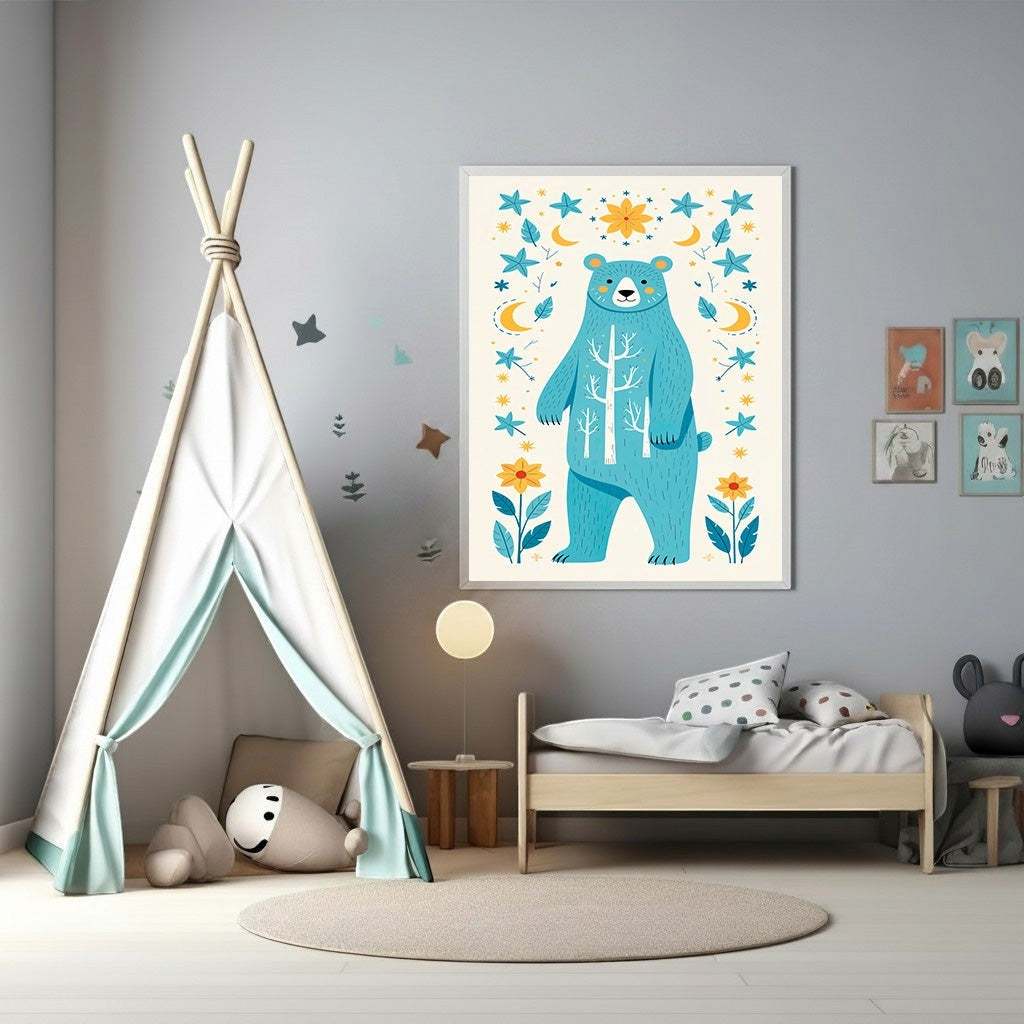 Wadi Home blue bear and floral nursery art print with stars and moons. Folk art style, perfect for a child's room.