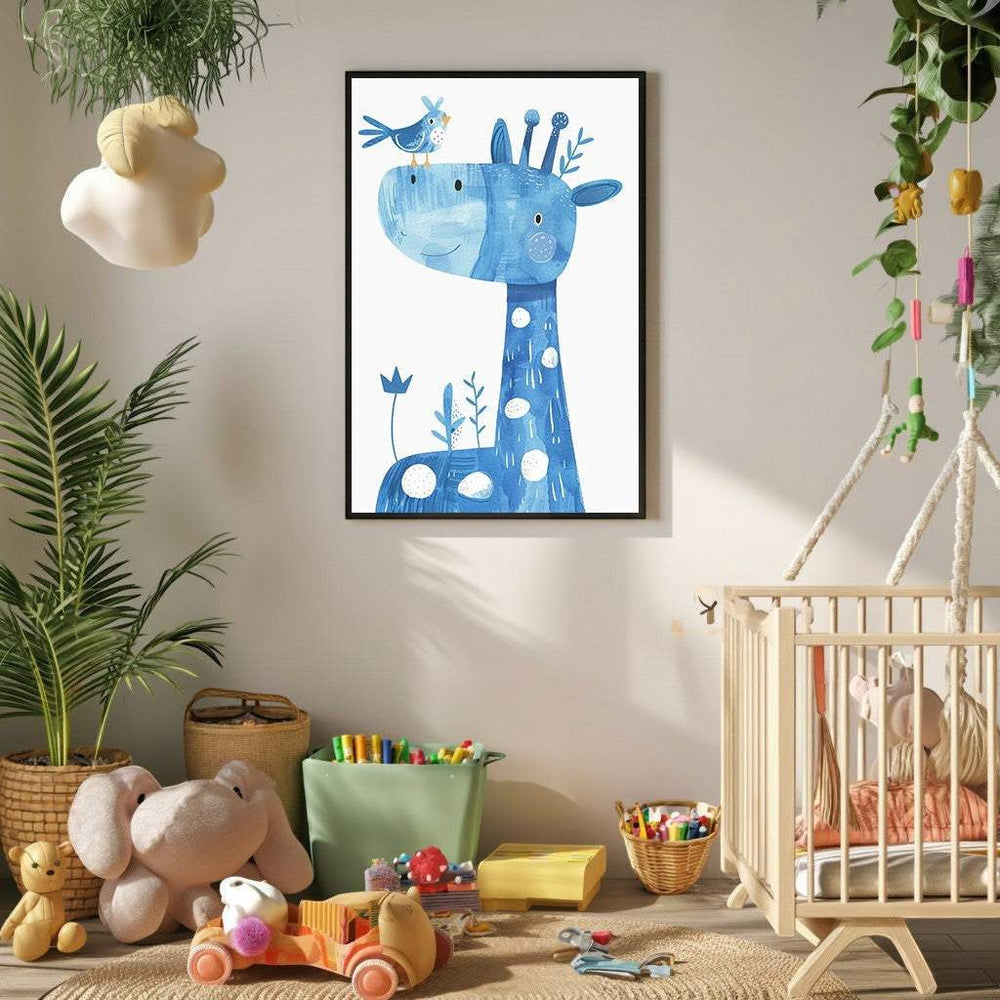 Wadi Home blue watercolor giraffe with bird nursery art print. Features a friendly giraffe with a bird on its head, surrounded by whimsical plants.
