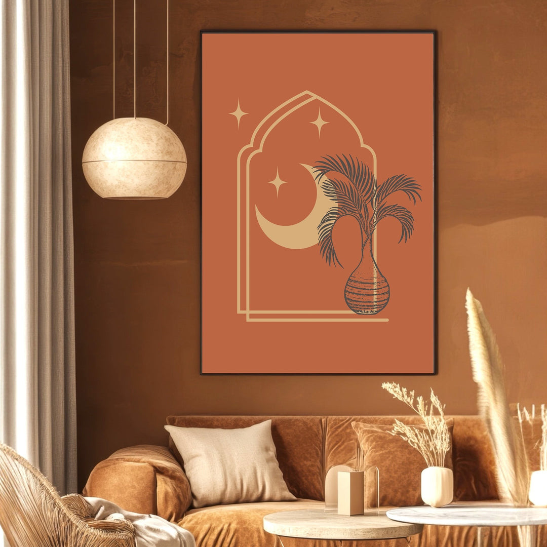 Wadi Home bohemian archway and crescent moon wall art print in terracotta tones displayed in a cozy living room.