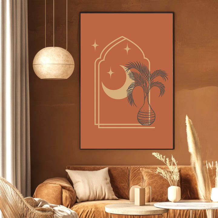 Wadi Home bohemian archway and crescent moon wall art print in terracotta tones displayed in a cozy living room.