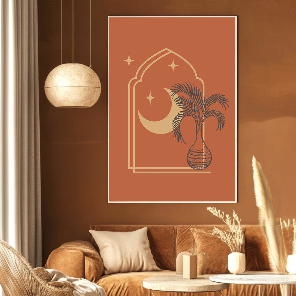 Wadi Home bohemian archway and crescent moon wall art print in terracotta tones displayed in a cozy living room.