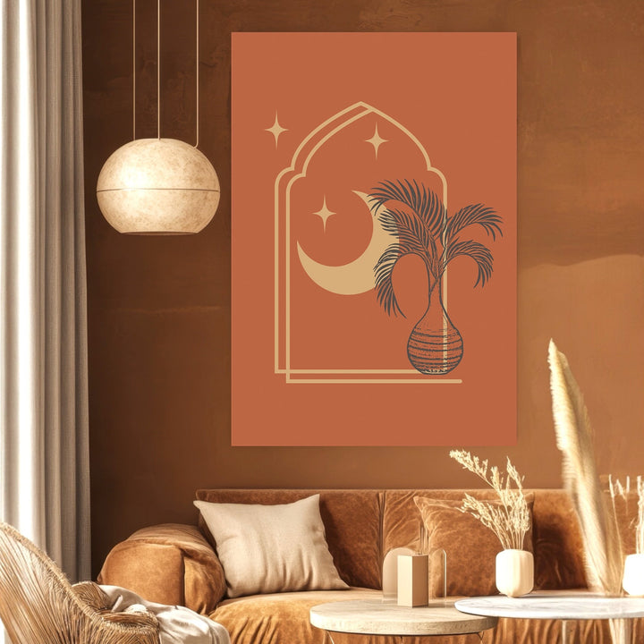 Wadi Home bohemian wall art print featuring a terracotta archway, crescent moon, and palm fronds in a cozy living room.