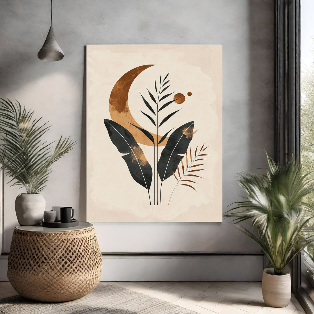 Wadi Home Bohemian Botanical Moon Wall Art with crescent moon and green botanical illustrations on neutral background.