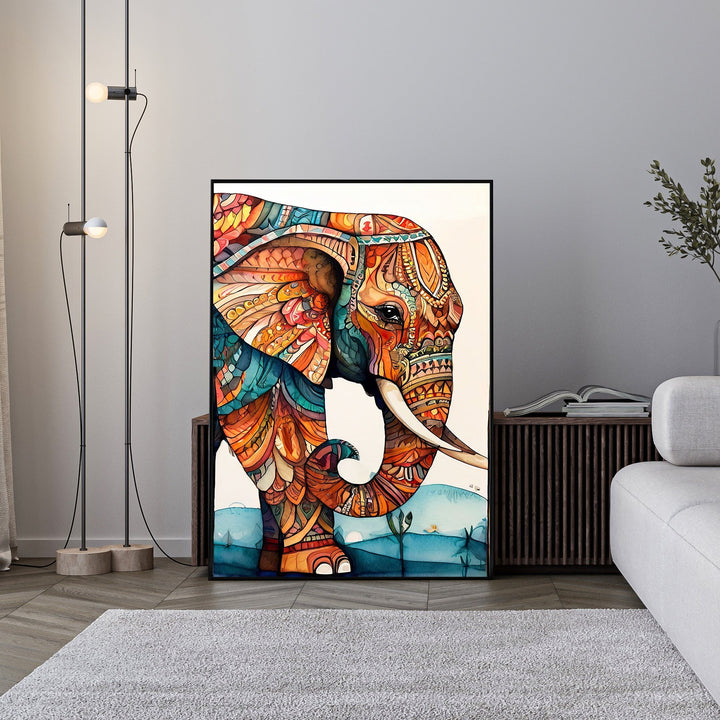 Wadi Home bohemian elephant wall art with intricate colorful patterns in warm oranges, blues, and earthy tones.