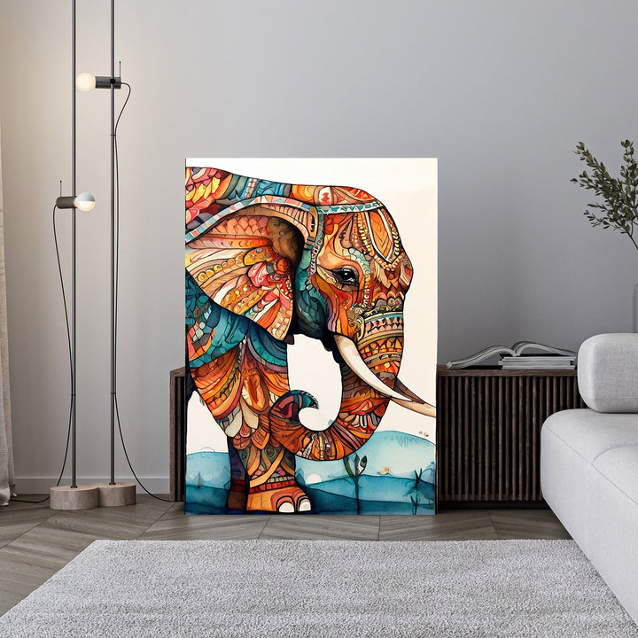 Wadi Home bohemian elephant wall art with intricate colorful patterns in orange, blue, and earth tones.