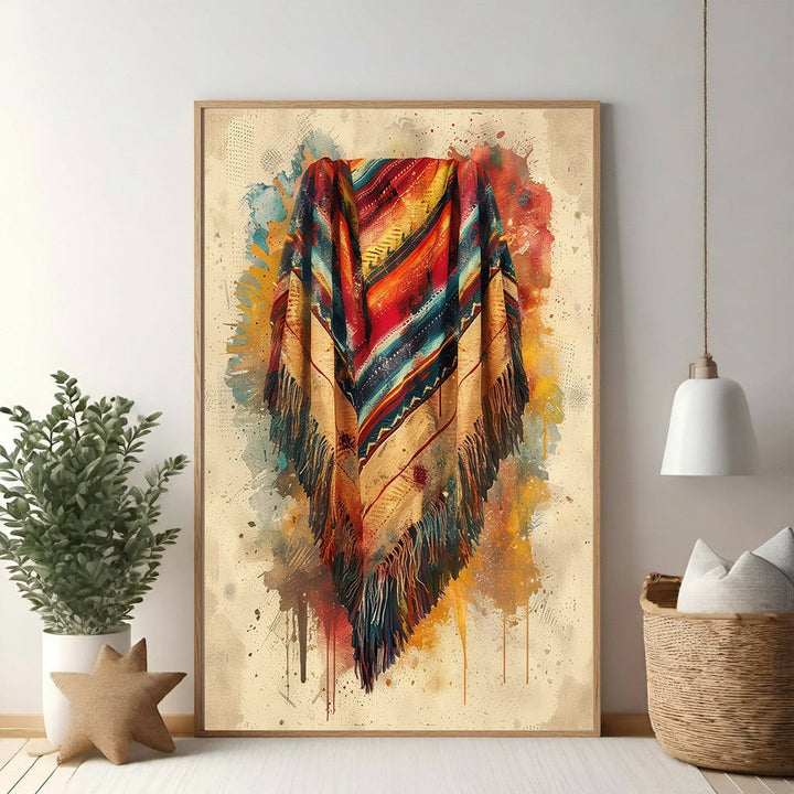 Wadi Home bohemian throw blanket with geometric pattern in sunset hues and fringe trim.