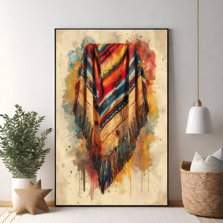 Wadi Home bohemian throw blanket with geometric pattern in sunset hues and fringe trim.