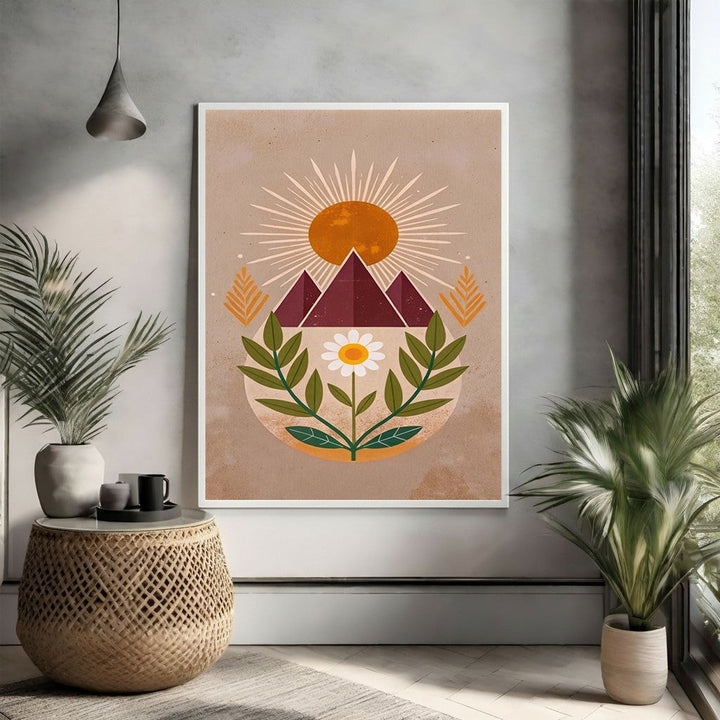 Wadi Home Bohemian Mountain Landscape Wall Art with sun, mountains, and daisy. Earthy tones.