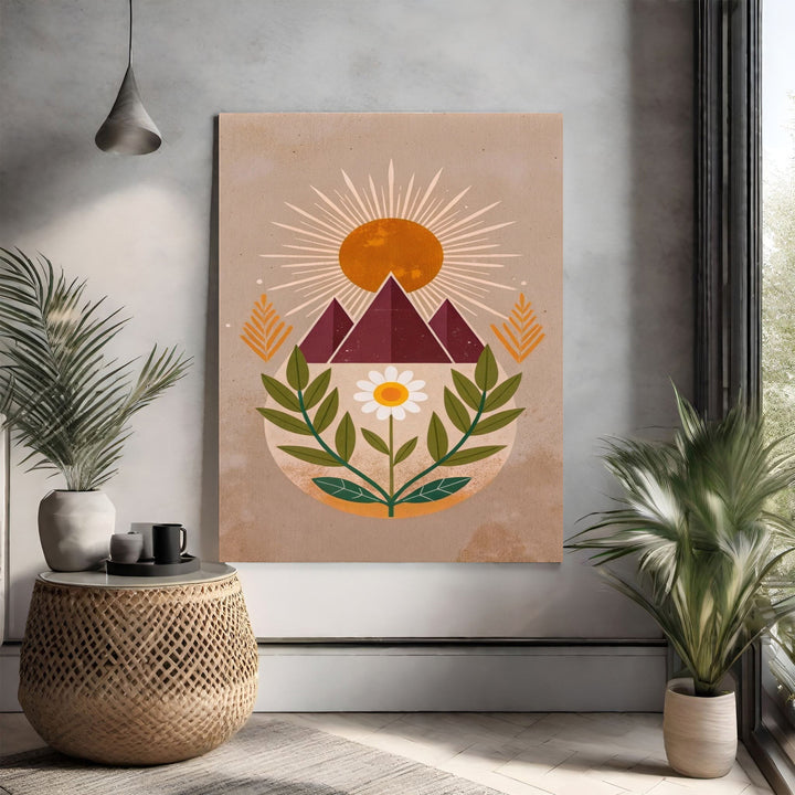 Wadi Home Bohemian Mountain Landscape Wall Art with sun, mountains, and daisy. Earthy tones.