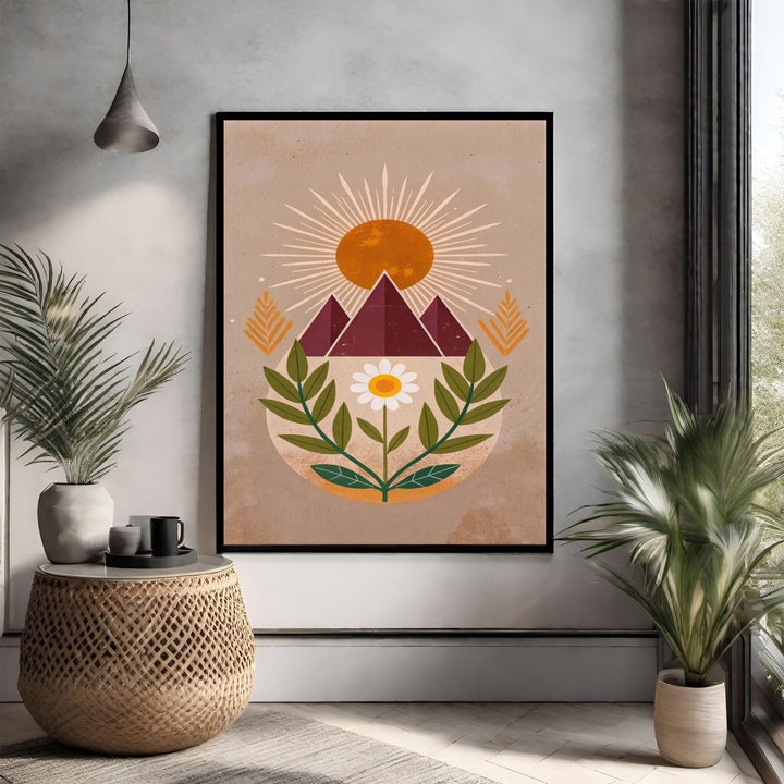 Wadi Home Bohemian Mountain Landscape Wall Art with sun, mountains, and flower in earthy tones.