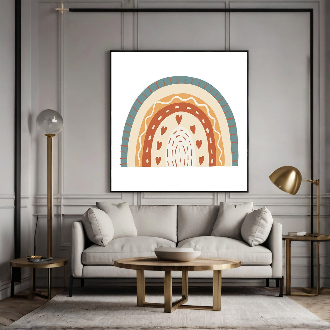 Wadi Home boho rainbow wall art print with terracotta, cream, and teal hearts displayed in a modern living room.