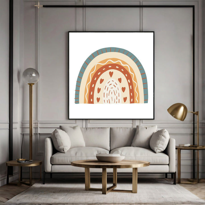 Wadi Home boho rainbow wall art print with terracotta, cream, and teal hearts displayed in a modern living room.