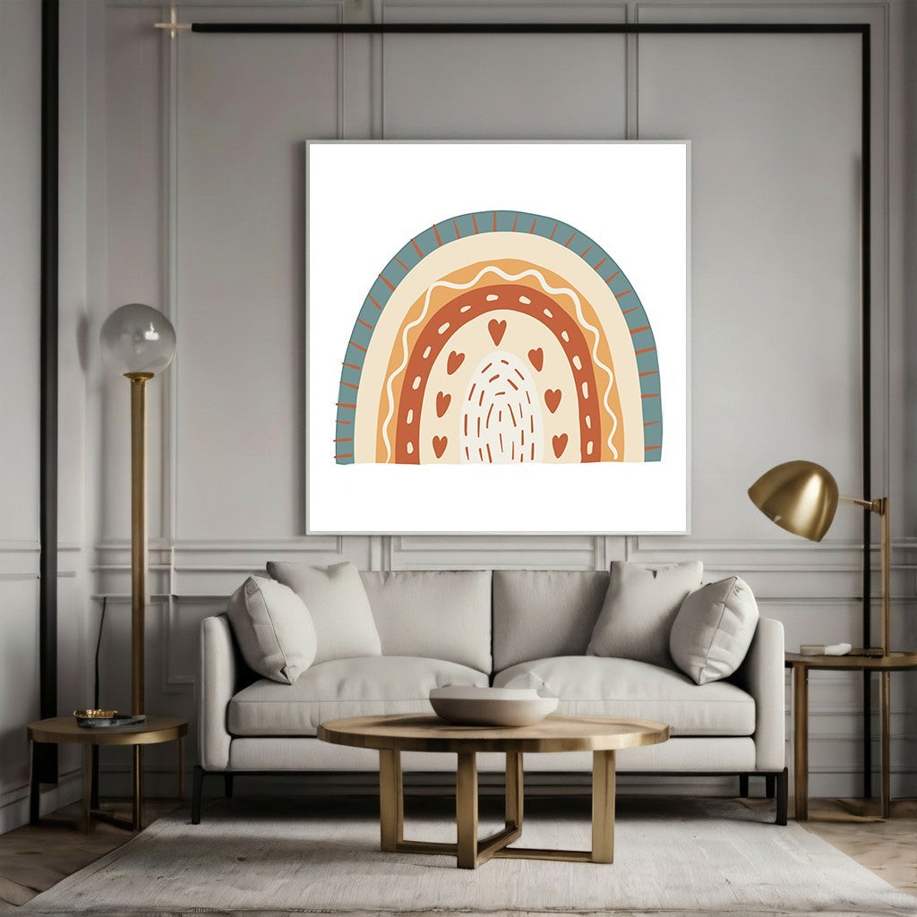 Wadi Home boho rainbow wall art print with heart motifs in terracotta, cream, and teal hanging above a modern sofa.