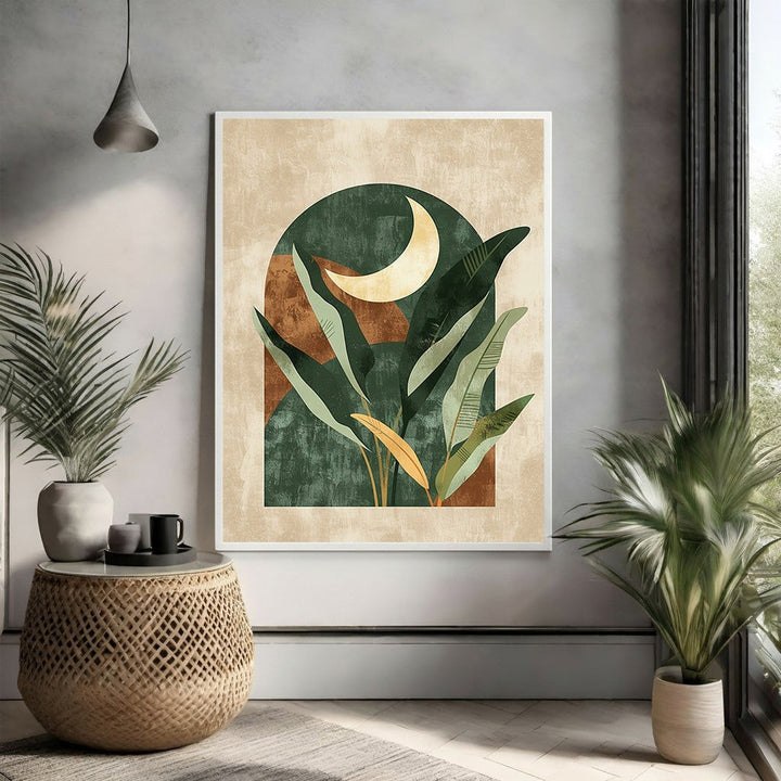 Wadi Home abstract botanical archway moonscape wall art with lush green foliage and a crescent moon.