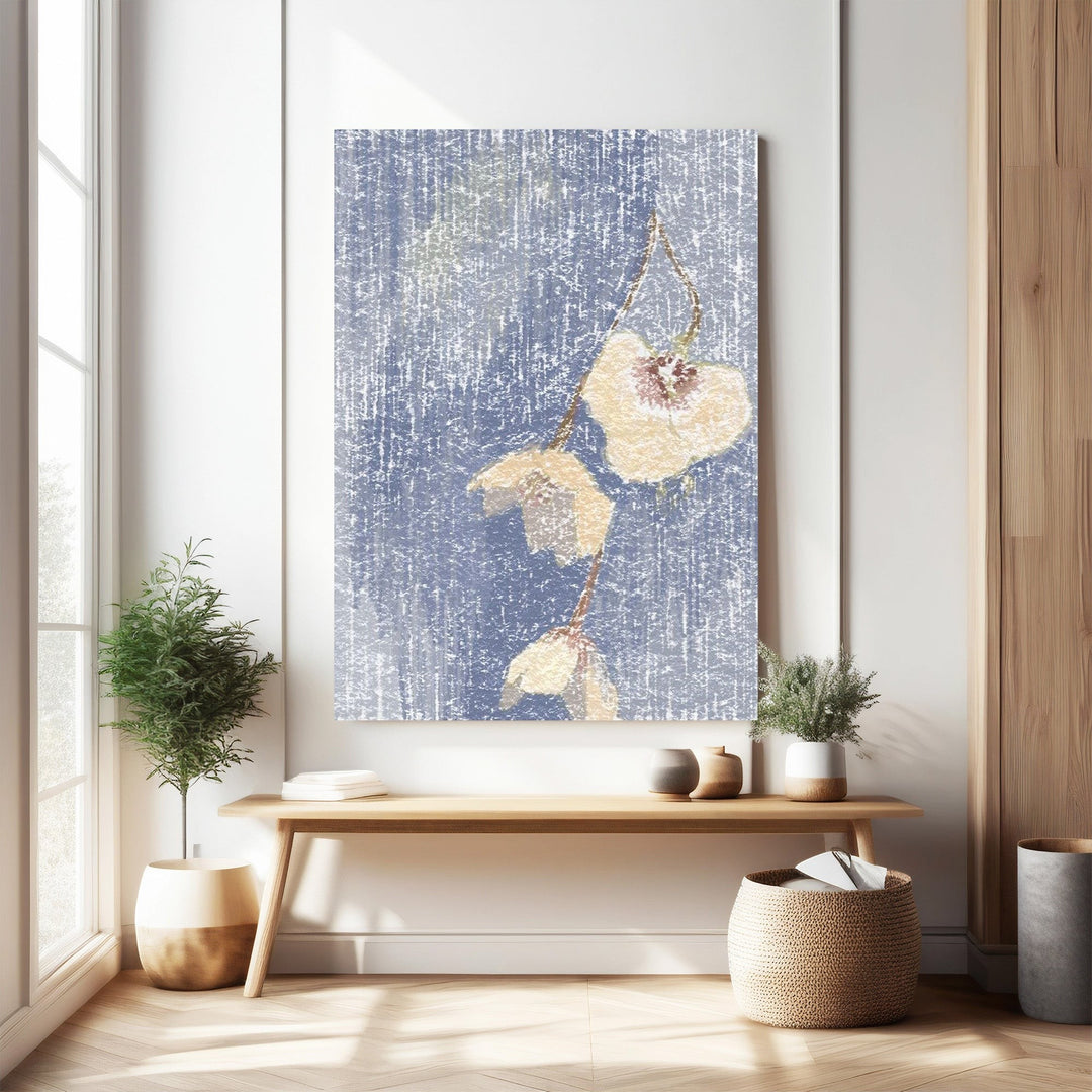 Wadi Home Botanical Branch Wall Art with pale blossoms on a textured blue background, abstract painterly style.